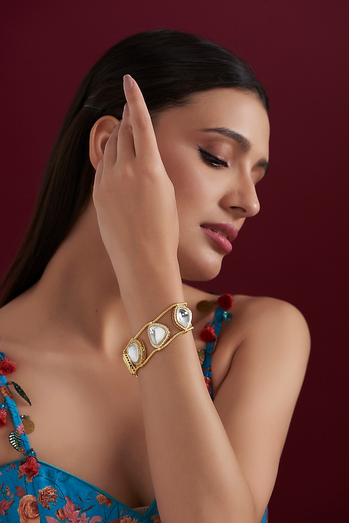 Gold Finish Kundan Polki Bracelet by Aura Trends at Pernia's Pop Up Shop