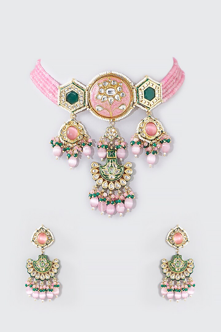 Gold Finish Pink & Green Kundan Polki Necklace Set by Aura Trends at Pernia's Pop Up Shop