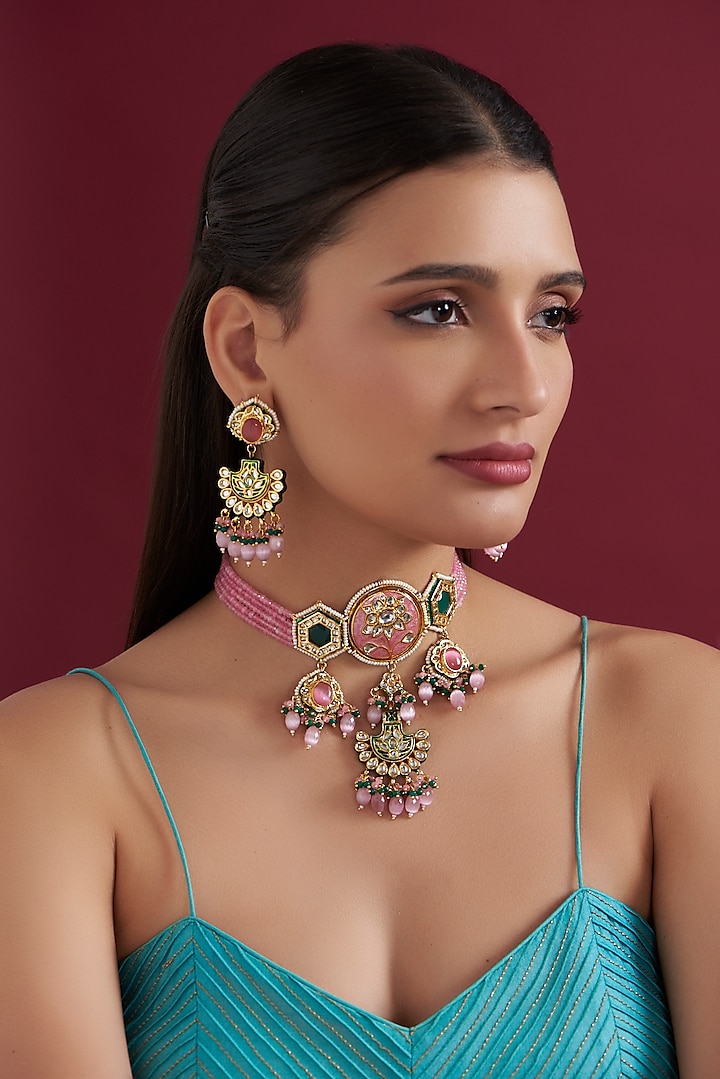 Gold Finish Pink & Green Kundan Polki Necklace Set by Auraa Trends at Pernia's Pop Up Shop