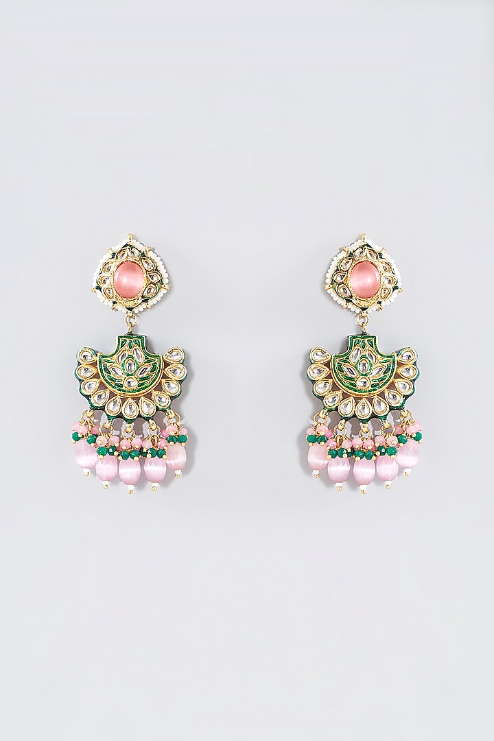 Gold Finish Pink & Green Kundan Polki Necklace Set by Aura Trends at Pernia's Pop Up Shop