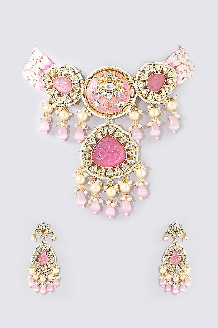 Gold Finish Pink Kundan Polki Choker Necklace Set by Auraa Trends