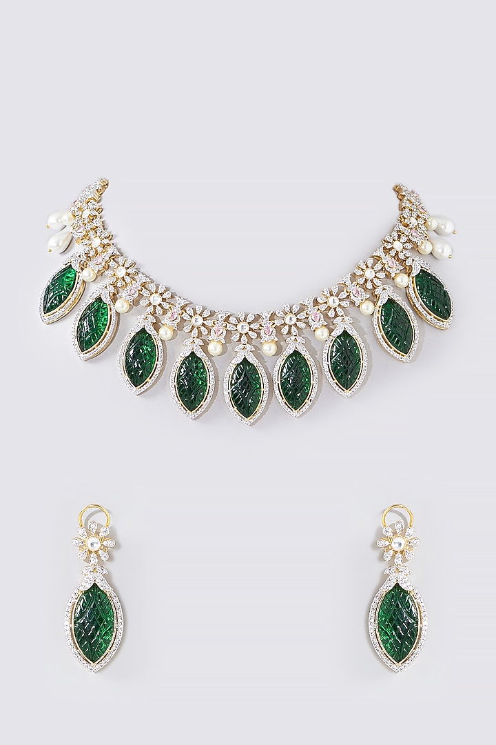 Gold Finish Green American Diamond Necklace Set by Aura Trends at Pernia's Pop Up Shop