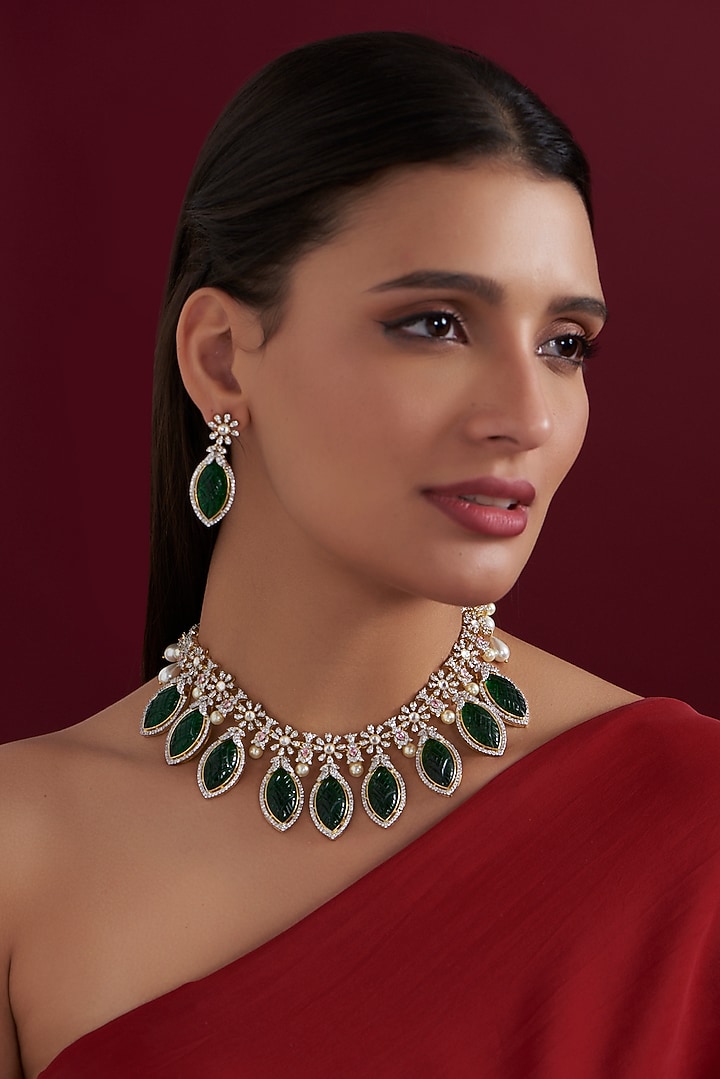 Gold Finish Green American Diamond Necklace Set by Aura Trends at Pernia's Pop Up Shop