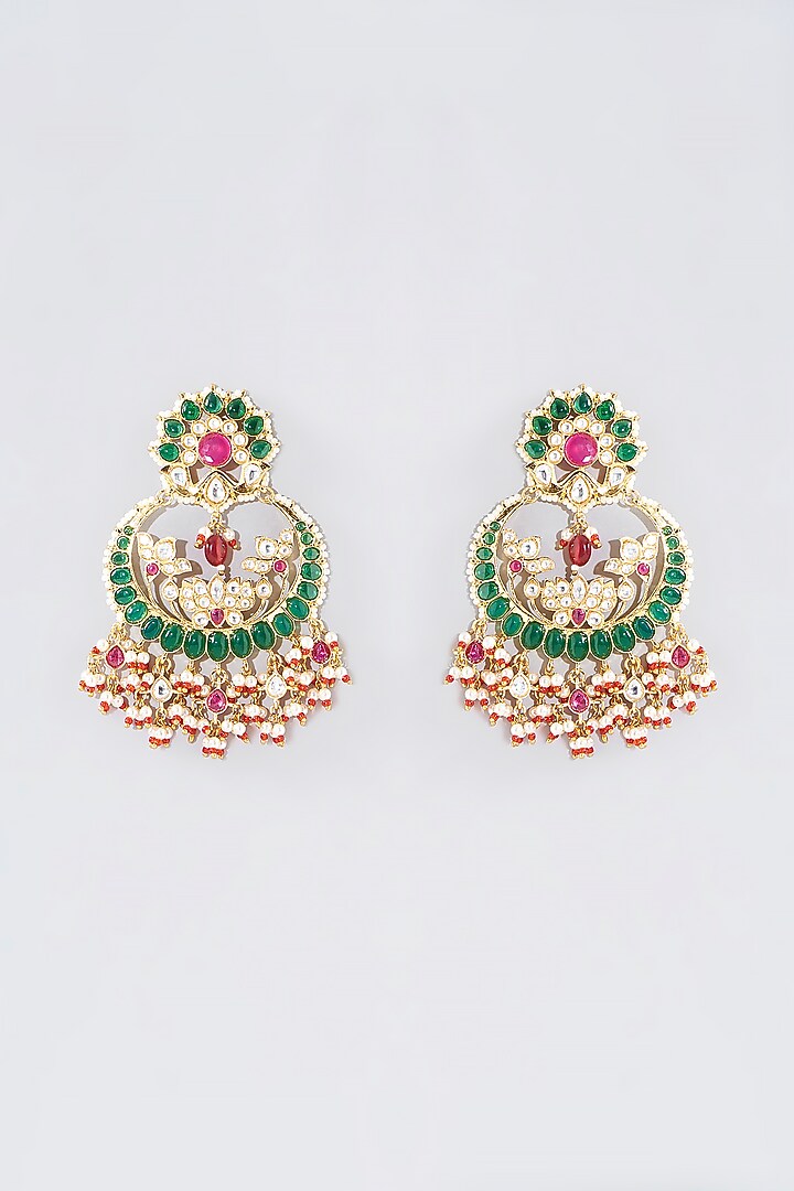 Gold Finish Green & Red Kundan Polki Chandbaali Earrings by Aura Trends at Pernia's Pop Up Shop
