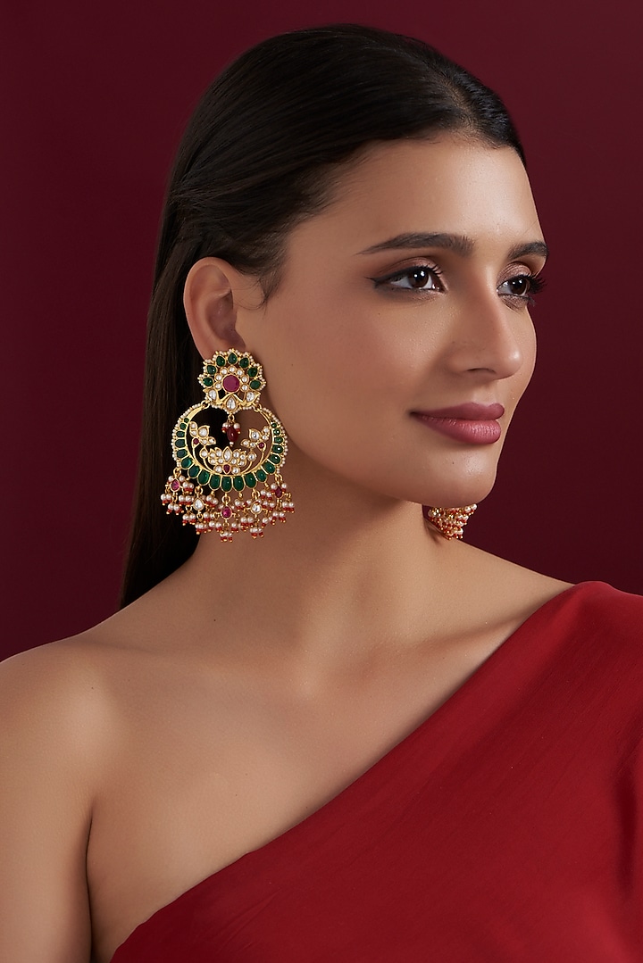 Gold Finish Green & Red Kundan Polki Chandbaali Earrings by Aura Trends at Pernia's Pop Up Shop