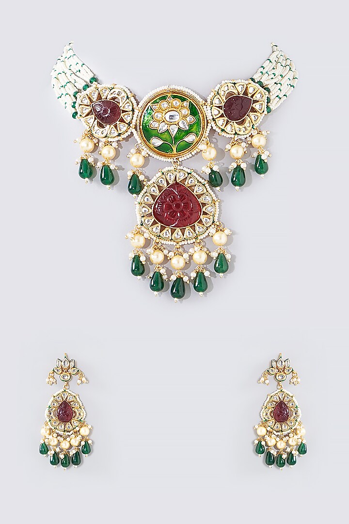 Gold Finish Red & Green Kundan Polki Necklace Set by Auraa Trends at Pernia's Pop Up Shop