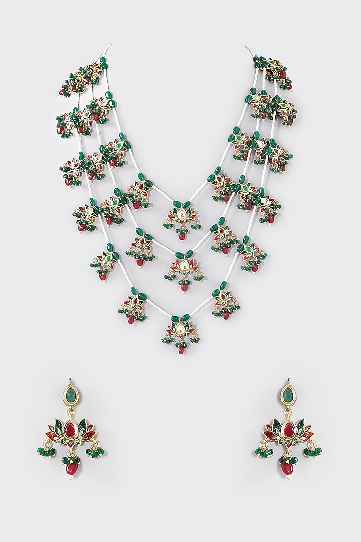 Gold Finish Red & Green Kundan Polki Layered Necklace Set by Aura Trends at Pernia's Pop Up Shop
