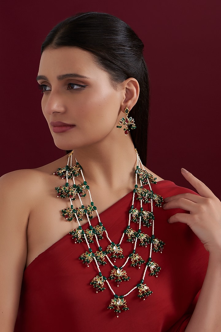 Gold Finish Red & Green Kundan Polki Layered Necklace Set by Aura Trends at Pernia's Pop Up Shop