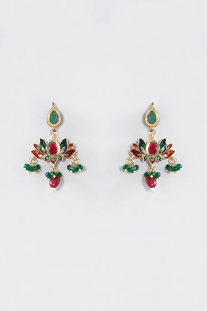 Gold Finish Red & Green Kundan Polki Layered Necklace Set by Aura Trends at Pernia's Pop Up Shop