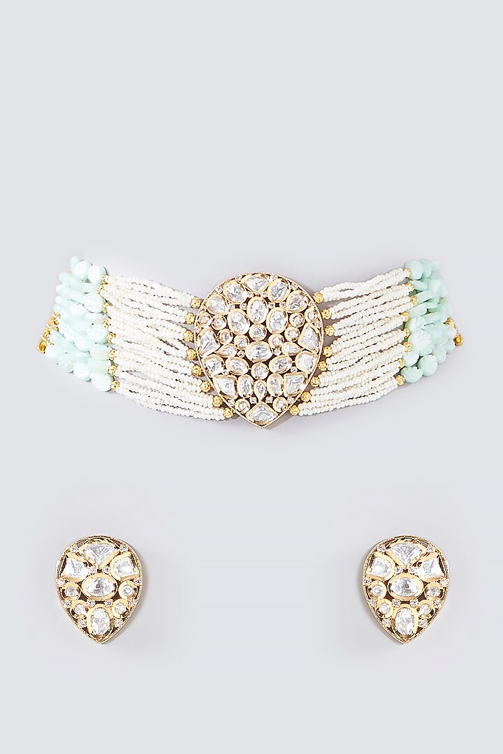 Gold Finish Kundan Polki & Beaded Choker Necklace Set by Aura Trends at Pernia's Pop Up Shop