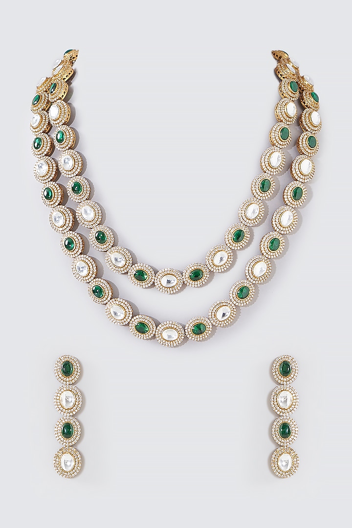 Gold Finish Green Kundan Polki Layered Necklace Set by Aura Trends at Pernia's Pop Up Shop