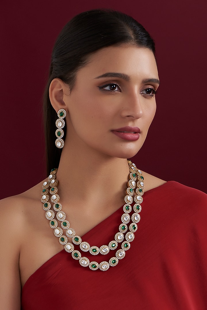 Gold Finish Green Kundan Polki Layered Necklace Set by Aura Trends at Pernia's Pop Up Shop
