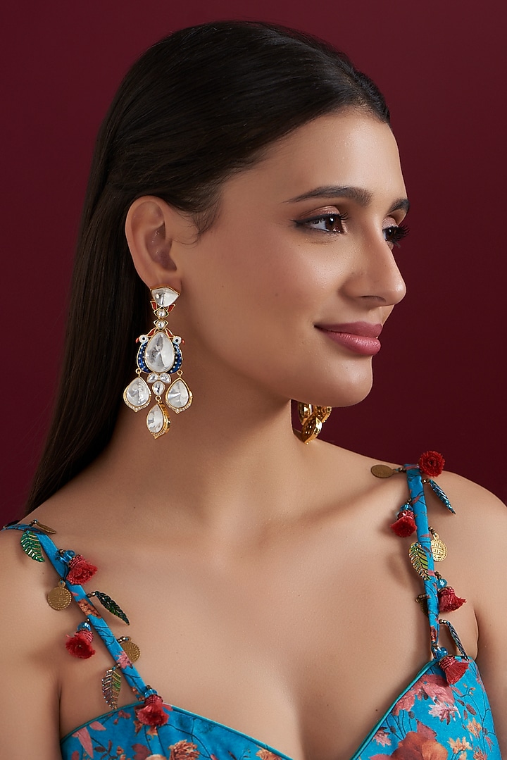 Gold Finish Blue & Red Kundan Polki Dangler Earrings by Aura Trends at Pernia's Pop Up Shop