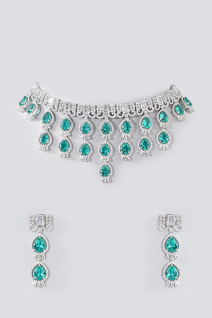 White Rhodium Finish Blue American Diamond Necklace Set by Aura Trends at Pernia's Pop Up Shop