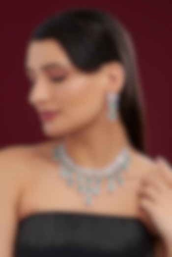 White Rhodium Finish Blue American Diamond Necklace Set by Auraa Trends at Pernia's Pop Up Shop