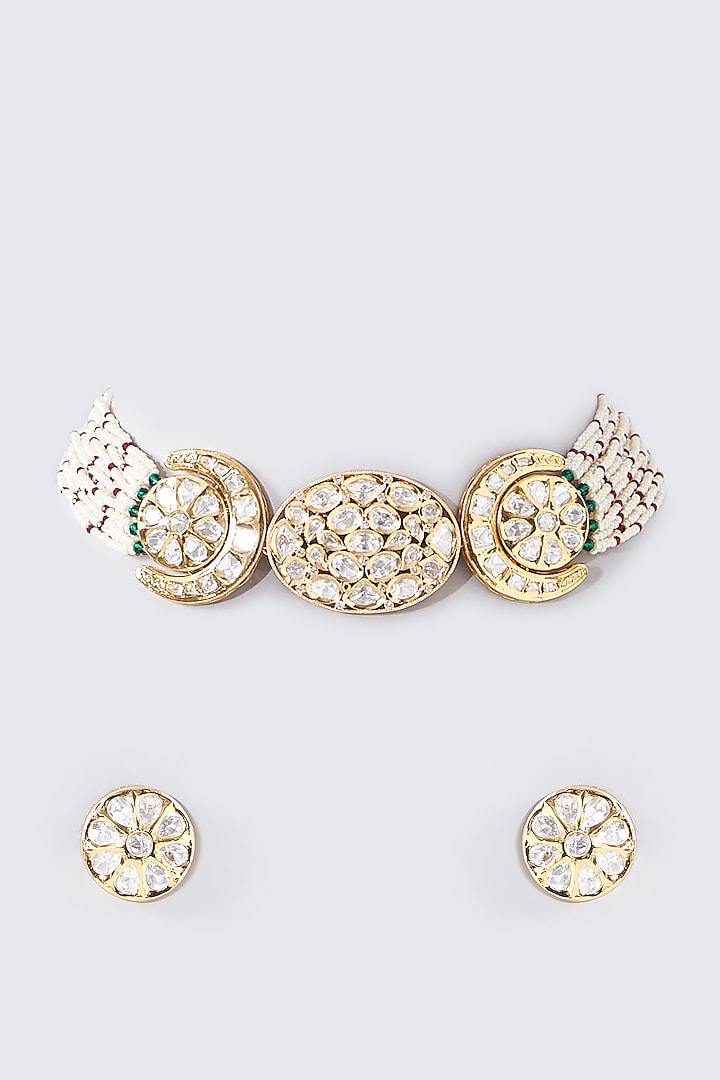Gold Finish Kundan Polki Choker Necklace Set by Aura Trends at Pernia's Pop Up Shop