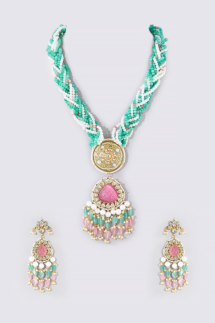 Gold Finish Kundan Polki & Beaded Long Necklace Set by Aura Trends at Pernia's Pop Up Shop