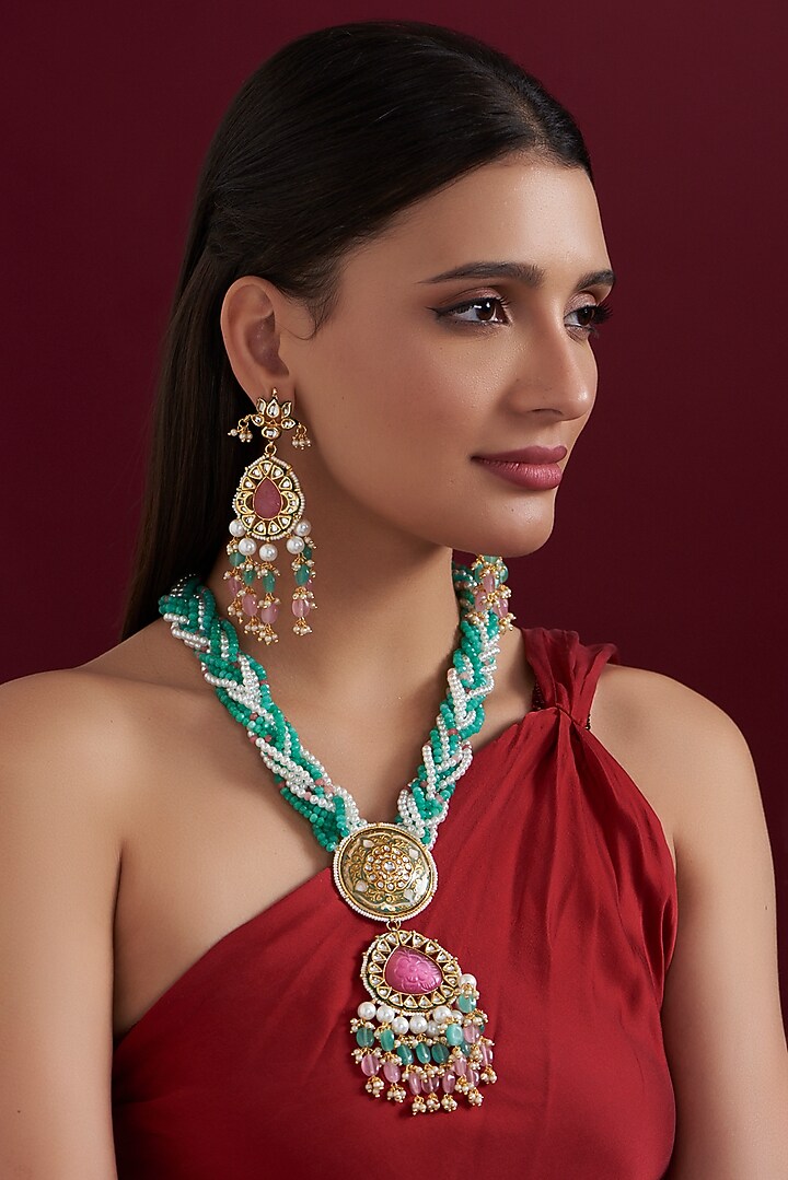 Gold Finish Kundan Polki & Beaded Long Necklace Set by Aura Trends at Pernia's Pop Up Shop