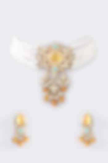 Gold Finish Yellow Kundan Polki Choker Necklace Set by Auraa Trends