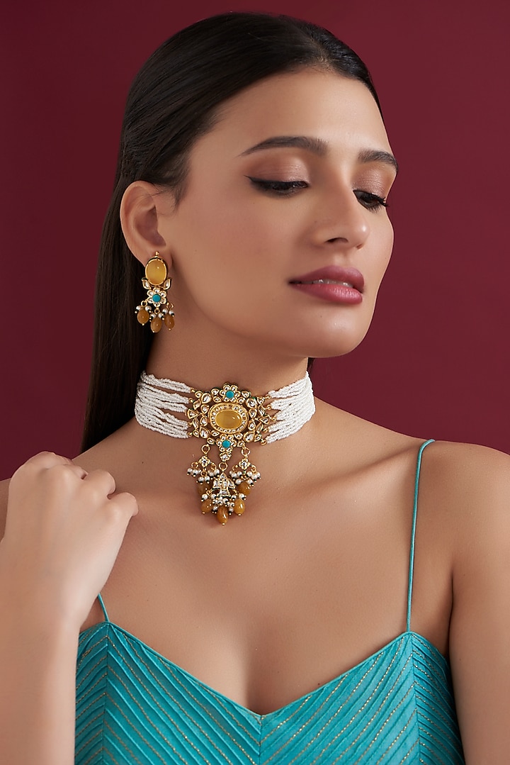 Gold Finish Yellow Kundan Polki Choker Necklace Set by Aura Trends at Pernia's Pop Up Shop
