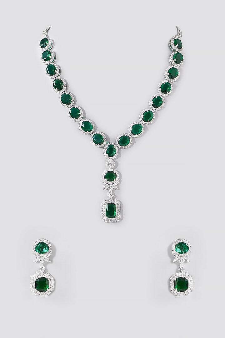 White Rhodium Finish Green American Diamond Necklace Set by Aura Trends at Pernia's Pop Up Shop