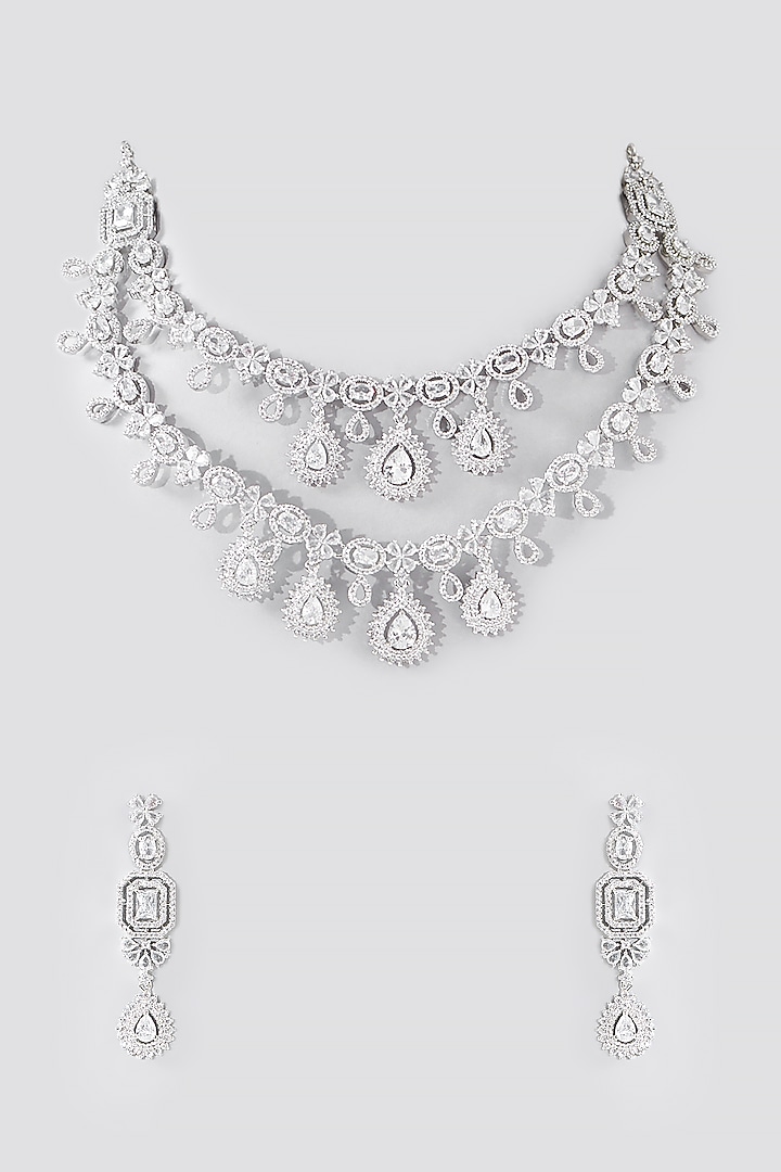 White Rhodium Finish American Diamond Layered Necklace Set by Aura Trends at Pernia's Pop Up Shop