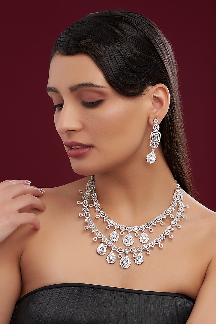 White Rhodium Finish American Diamond Layered Necklace Set by Aura Trends at Pernia's Pop Up Shop