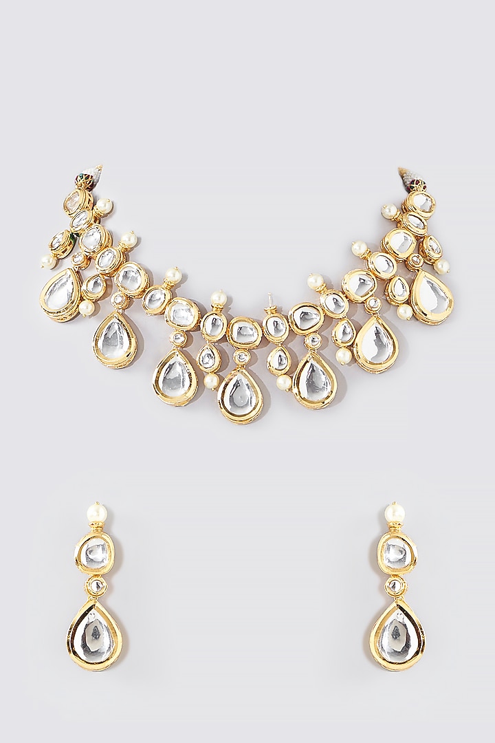 Gold Finish Kundan Polki Necklace Set by Aura Trends at Pernia's Pop Up Shop