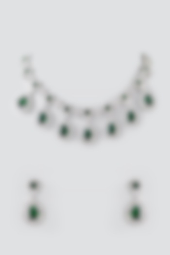 White Rhodium Finish Green American Diamond Necklace Set by Auraa Trends at Pernia's Pop Up Shop