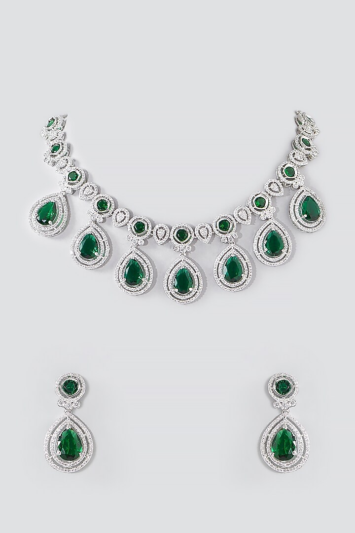 White Rhodium Finish Green American Diamond Necklace Set by Auraa Trends at Pernia's Pop Up Shop