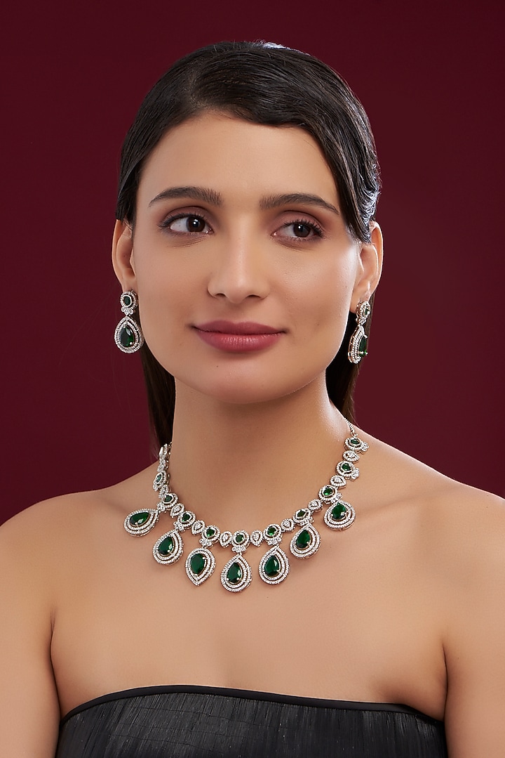White Rhodium Finish Green American Diamond Necklace Set by Aura Trends at Pernia's Pop Up Shop