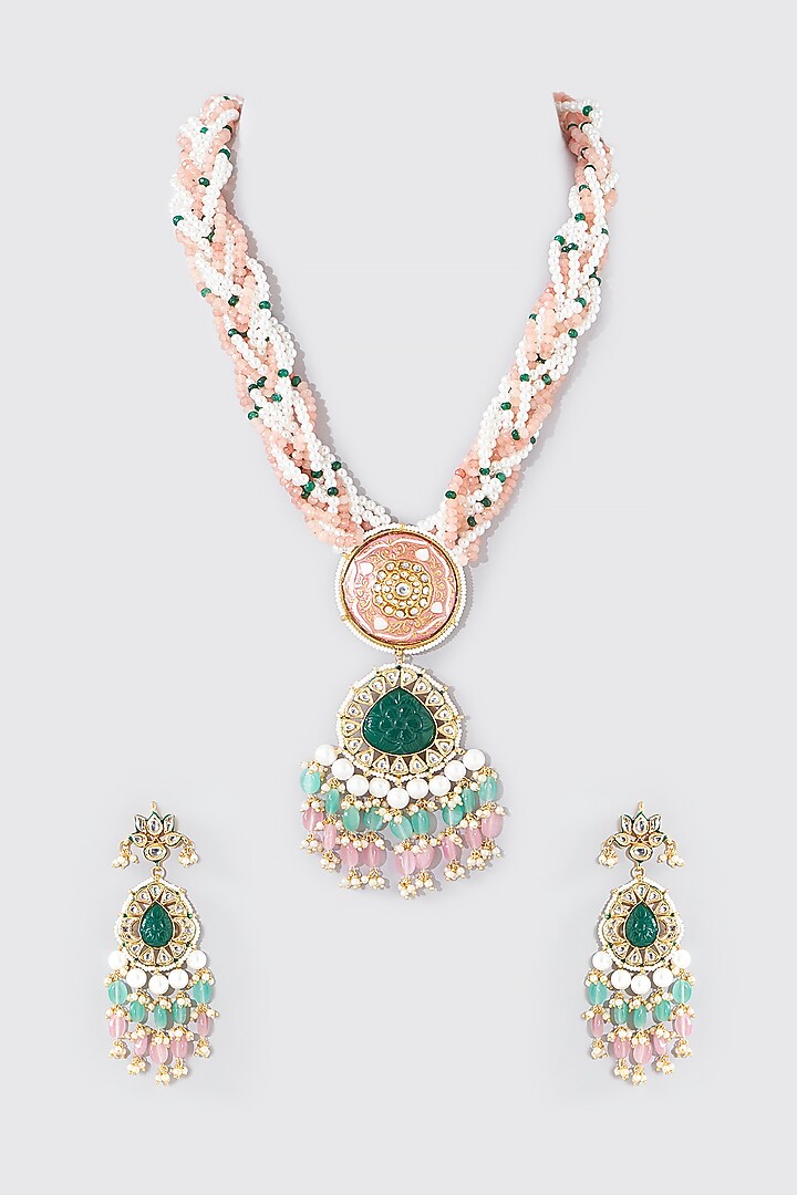 Gold Finish Kundan Polki & Beaded Long Necklace Set by Aura Trends at Pernia's Pop Up Shop