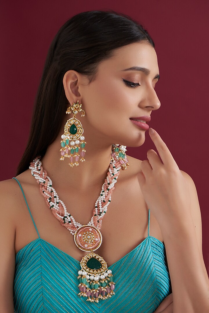 Gold Finish Kundan Polki & Beaded Long Necklace Set by Aura Trends at Pernia's Pop Up Shop