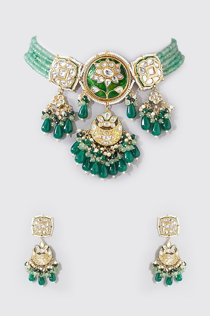 Gold Finish Green Kundan Polki & Beaded Necklace Set by Aura Trends at Pernia's Pop Up Shop