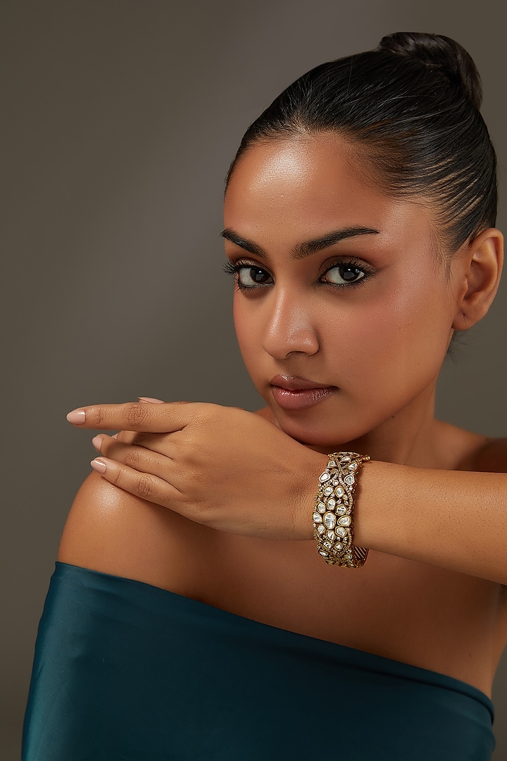 Gold Finish Kundan Polki & Pearl Beaded Bangle by Auraa Trends at Pernia's Pop Up Shop