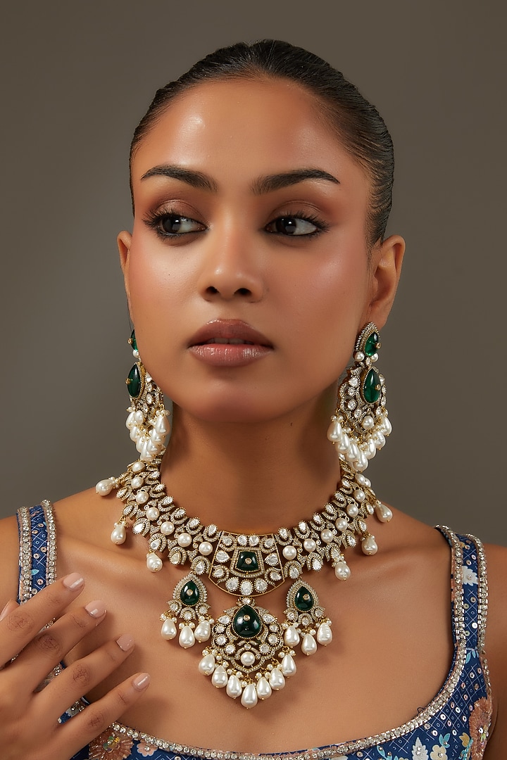 White Rhodium Finish Green Zircon Necklace Set by Aura Trends at Pernia's Pop Up Shop