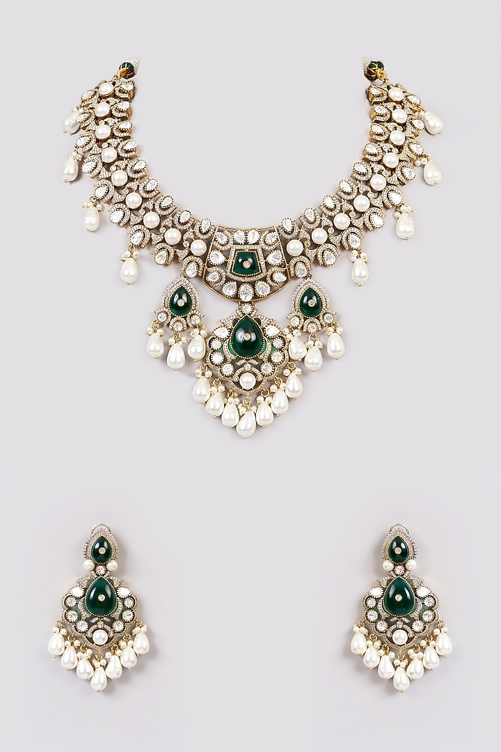 White Rhodium Finish Green Zircon Necklace Set by Aura Trends at Pernia's Pop Up Shop