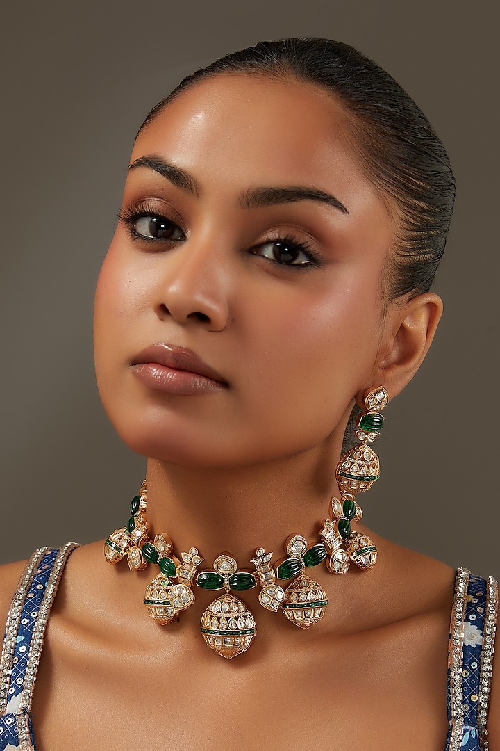 Gold Finish Green Kundan Polki Choker Necklace Set by Auraa Trends