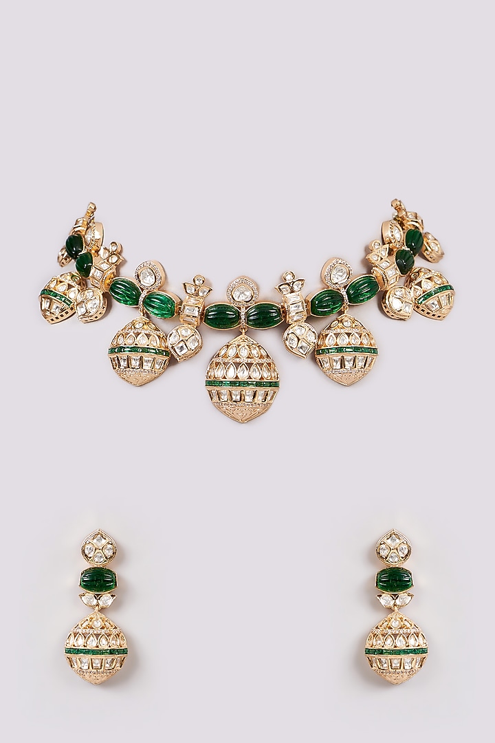 Gold Finish Green Kundan Polki Choker Necklace Set by Aura Trends at Pernia's Pop Up Shop