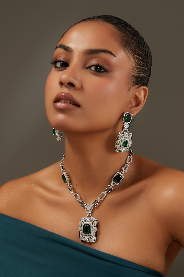 White Rhodium Finish American Diamond & Zircon Necklace Set by Aura Trends at Pernia's Pop Up Shop