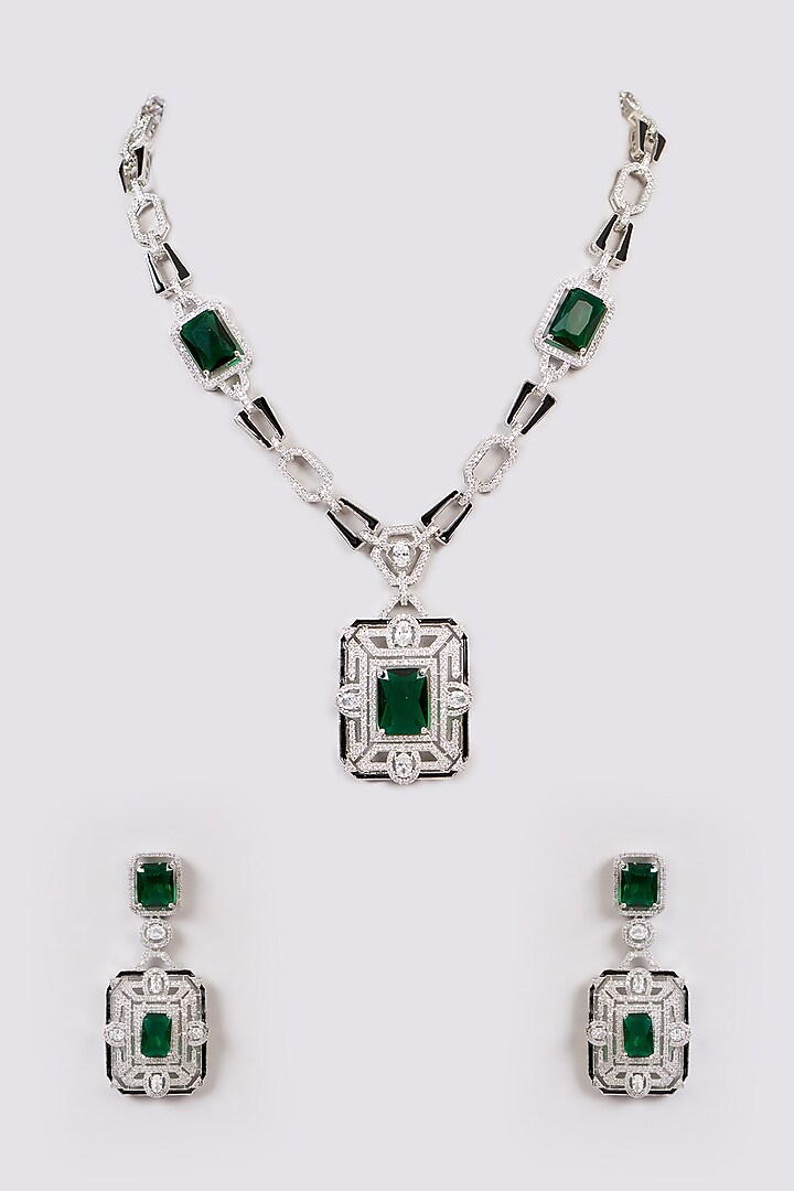 White Rhodium Finish American Diamond & Zircon Necklace Set by Aura Trends at Pernia's Pop Up Shop