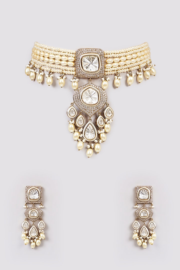 White Rhodium Finish American Diamond & Zircon Choker Necklace Set by Aura Trends at Pernia's Pop Up Shop
