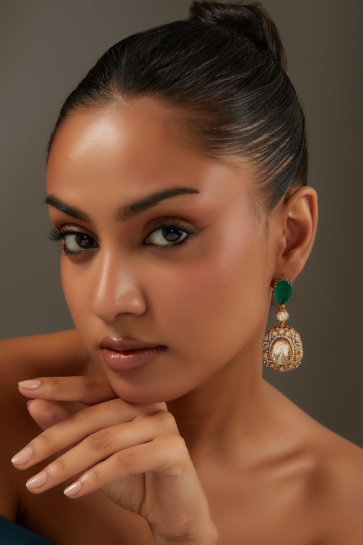 Gold Finish Kundan Polki Dangler Earrings by Auraa Trends at Pernia's Pop Up Shop