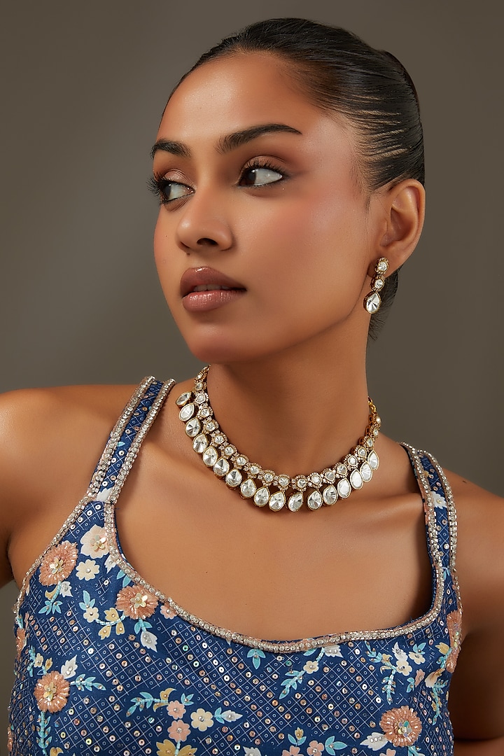 Gold Finish Kundan Polki Choker Necklace Set by Auraa Trends