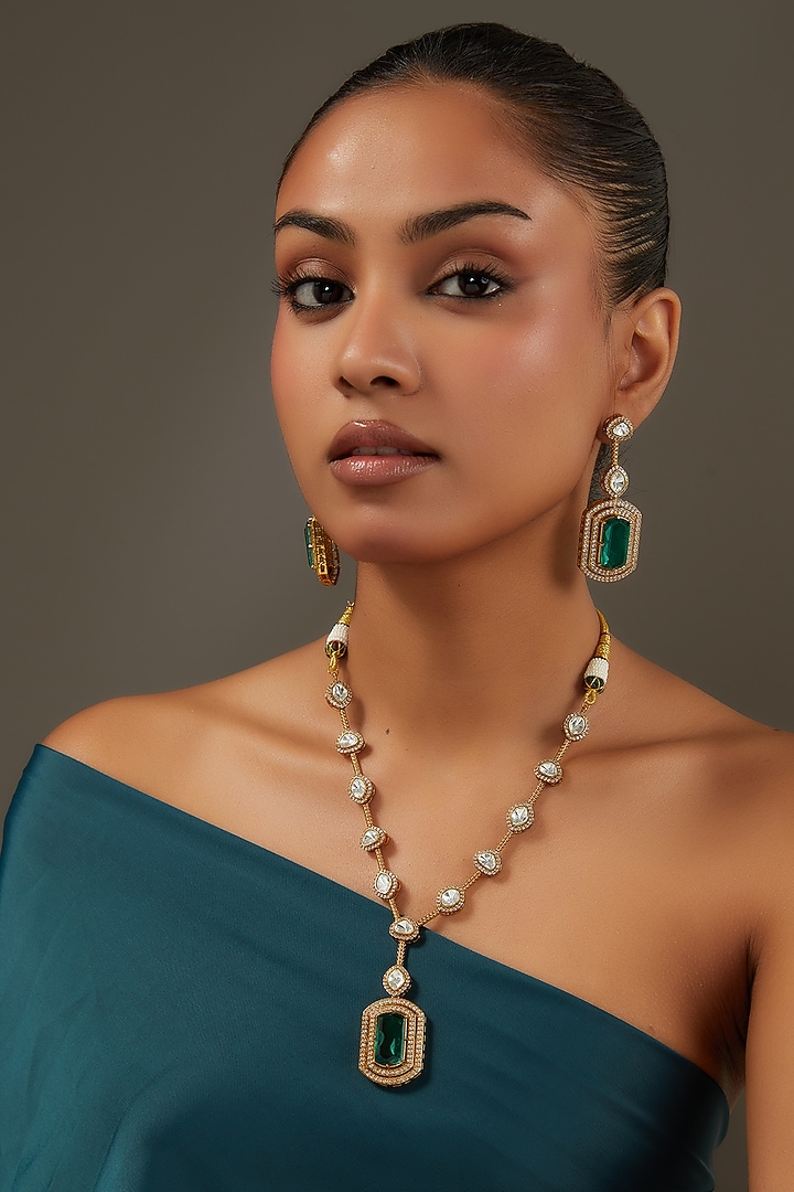 White Rhodium Finish American Diamond & Zircon Long Necklace Set by Auraa Trends at Pernia's Pop Up Shop