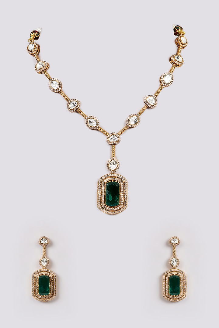 White Rhodium Finish American Diamond & Zircon Long Necklace Set by Aura Trends at Pernia's Pop Up Shop