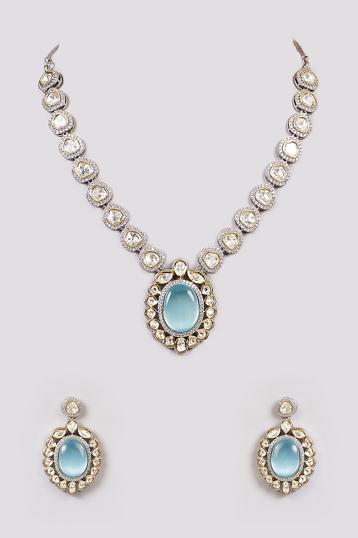 White Rhodium Finish American Diamond & Zircon Long Necklace Set by Aura Trends at Pernia's Pop Up Shop