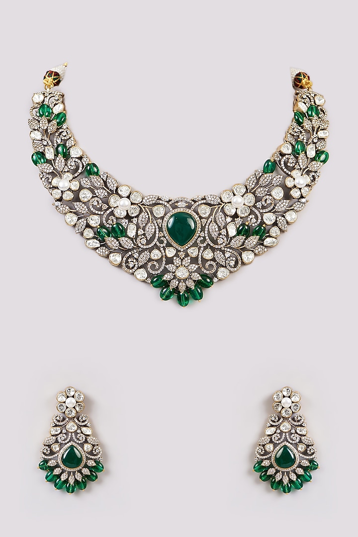 White Rhodium Finish Green Zircon Choker Necklace Set by Aura Trends at Pernia's Pop Up Shop