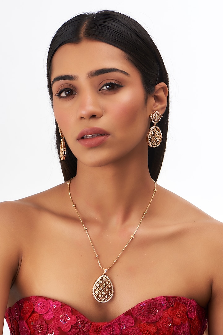 Gold Finish Kundan Polki Long Pendant Necklace Set by Aura Trends at Pernia's Pop Up Shop