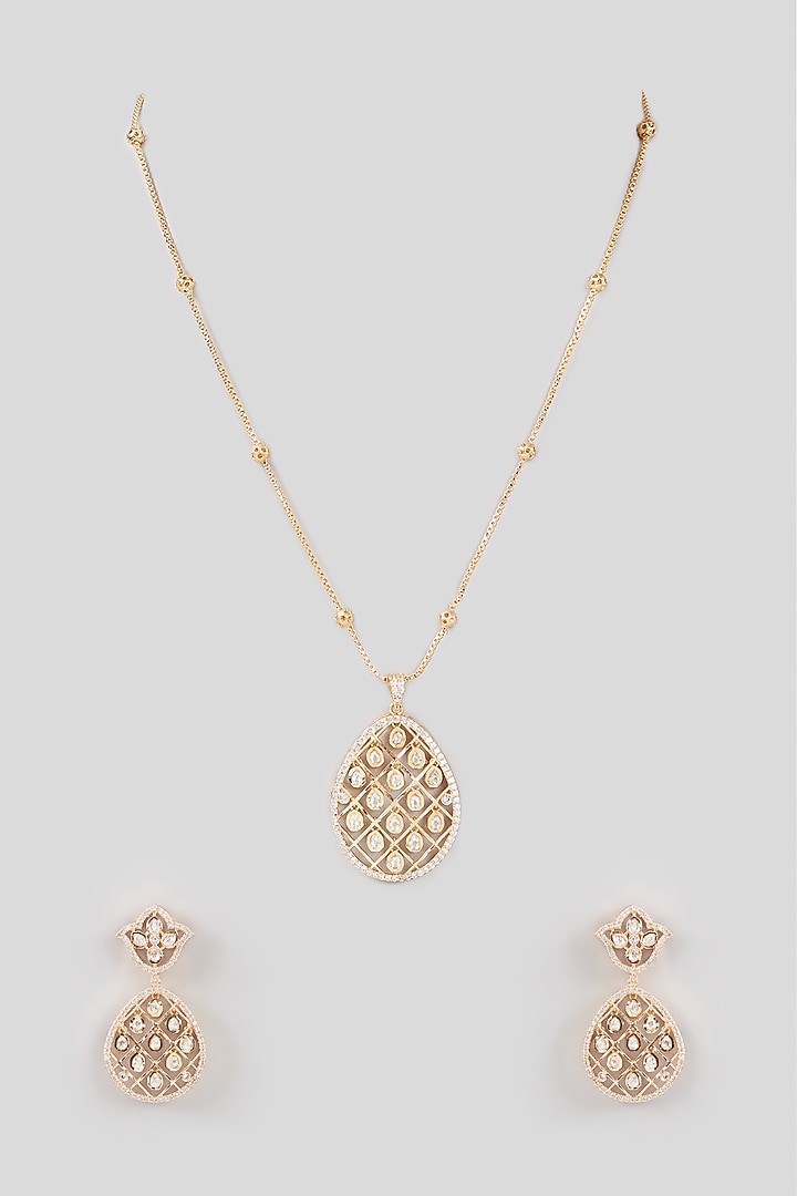 Gold Finish Kundan Polki Long Pendant Necklace Set by Aura Trends at Pernia's Pop Up Shop